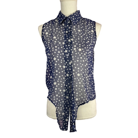 Star Print Lattice Sleeveless Blouse M Tie Waist Collared Caged Navy Blue Top - Picture 12 of 13